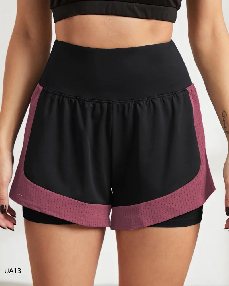 Women's High-Waist Elastic Sports Shorts  2-in-1 Quick-Dry Breathable Yoga Running Training Fitness Shorts