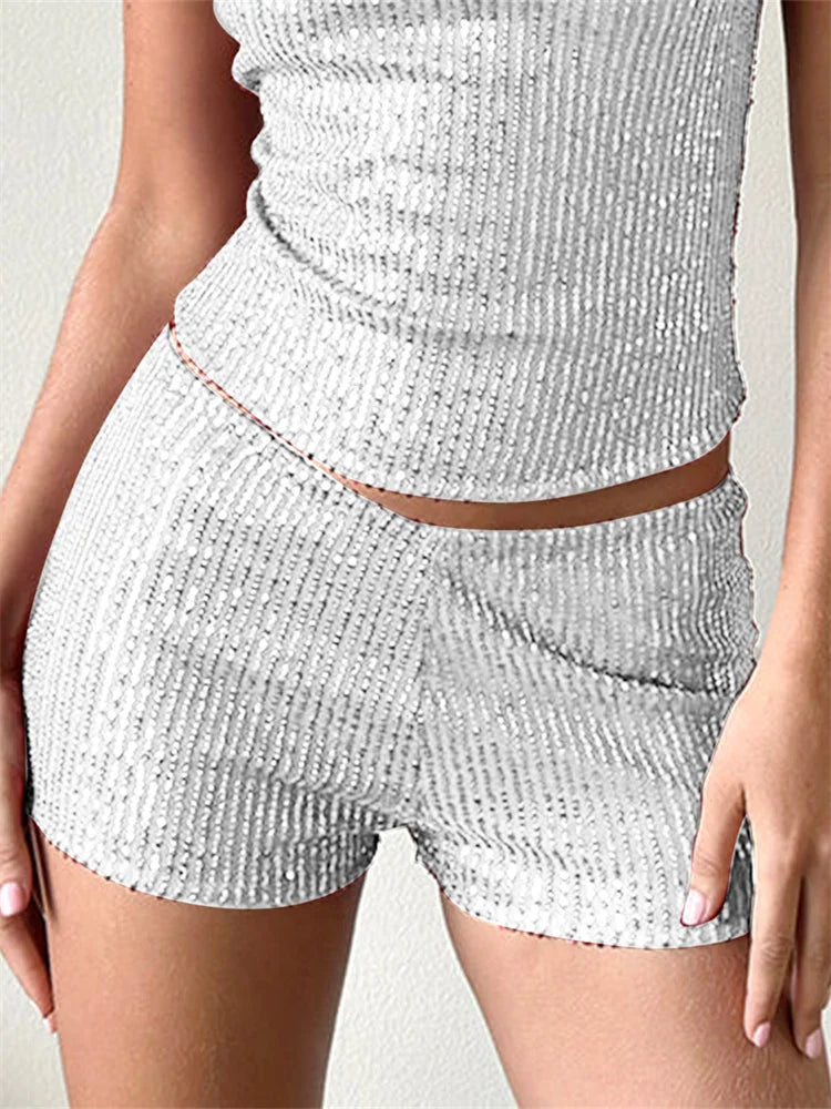 Women's Sequins Shorts Summer Low Rise Elastic Waistband Shorts Hot Streetwear