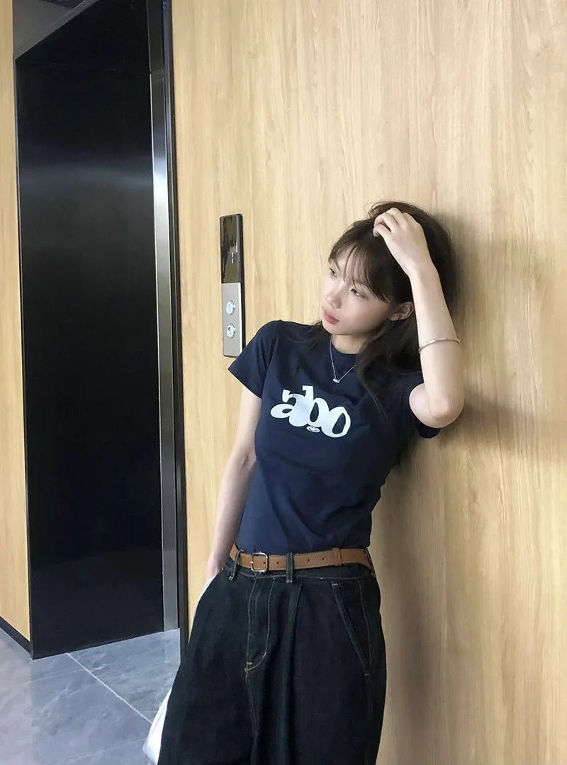 Slim Fit Hip Hop ort Sve T-irt Women's Summer Casual Versatile Top Korean Sle Blue Color round Ne Print Cotton 00%