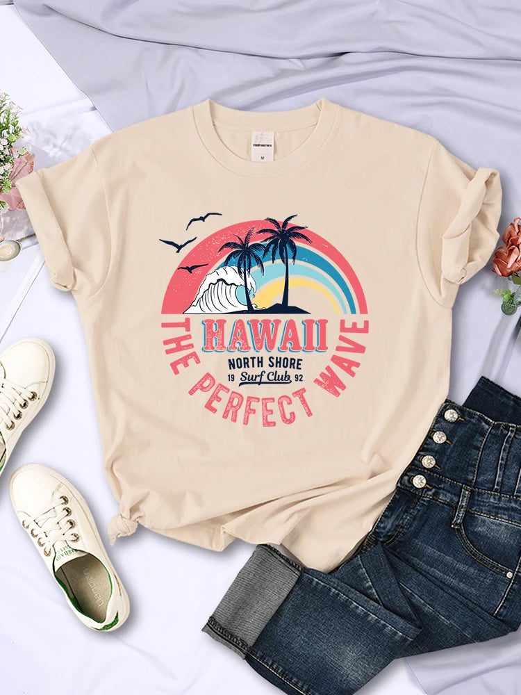 Hawaii The Perfect Wave Womens Tshirt Summer Breathable Casual T Shirt Fashion Soft Tops Hip Hop Oversize Fashion T Shirt Women