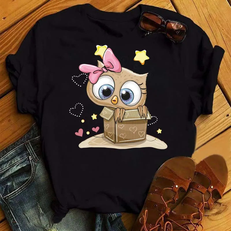 Maycaur Cartoon Owl Print T Shirt Women Kawaii Graphic Shirts Casual Short Sleeved Black Female Tee O-neck Harajuku T-shirts
