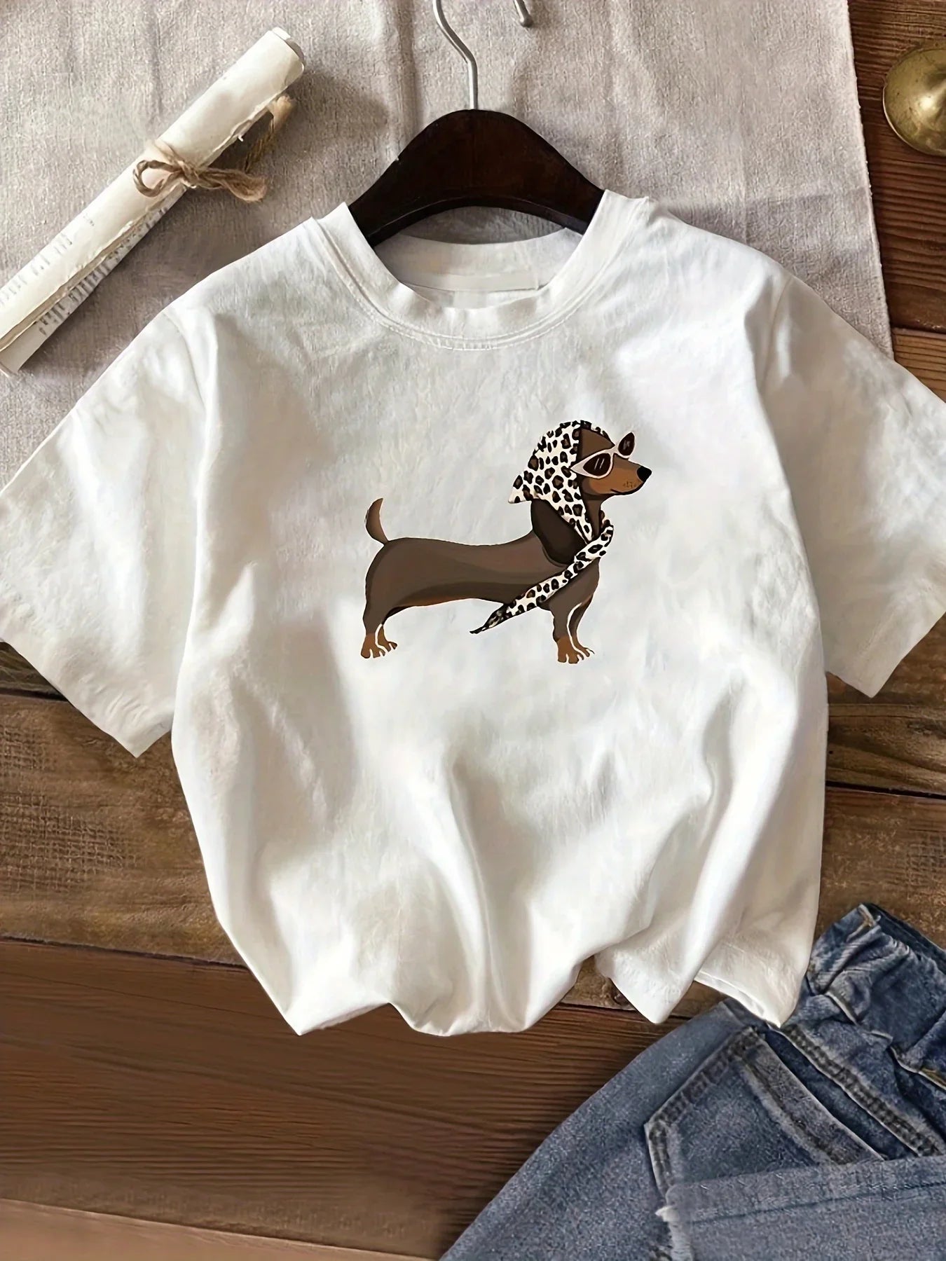 Y2K Summer Clothing Women's Casual Dachshund Leopard Print Short Sleeve T-Shirt White Crew Neck Summer Tops Soft and Comfortable