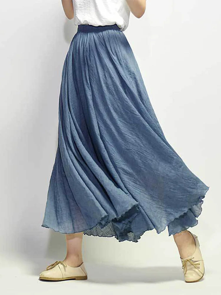 Women's Elegant High Waist Linen Maxi Skirt 2024 Summer Ladies Casual Elastic Waist 2 Layers Skirts saia feminina