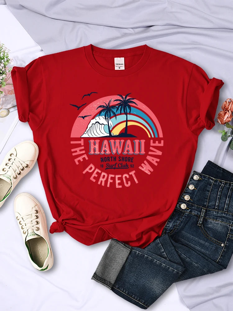 Hawaii The Perfect Wave Womens Tshirt Summer Breathable Casual T Shirt Fashion Soft Tops Hip Hop Oversize Fashion T Shirt Women