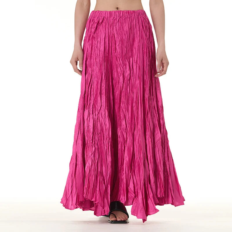 Elegant Drape Crumpled Skirts Women Summer Elastic Waist Big-Hem Long Skirts Large Size Loose Umbrella Skirts Female Streetwear
