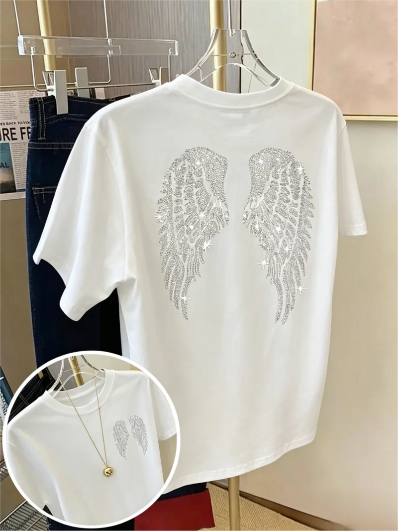Fashion Casual Tops Rhinestone Angel Wings TShirt -Sparkling Hotfix Diamond Casual Tee Double-Sided Print Women TShirt Women